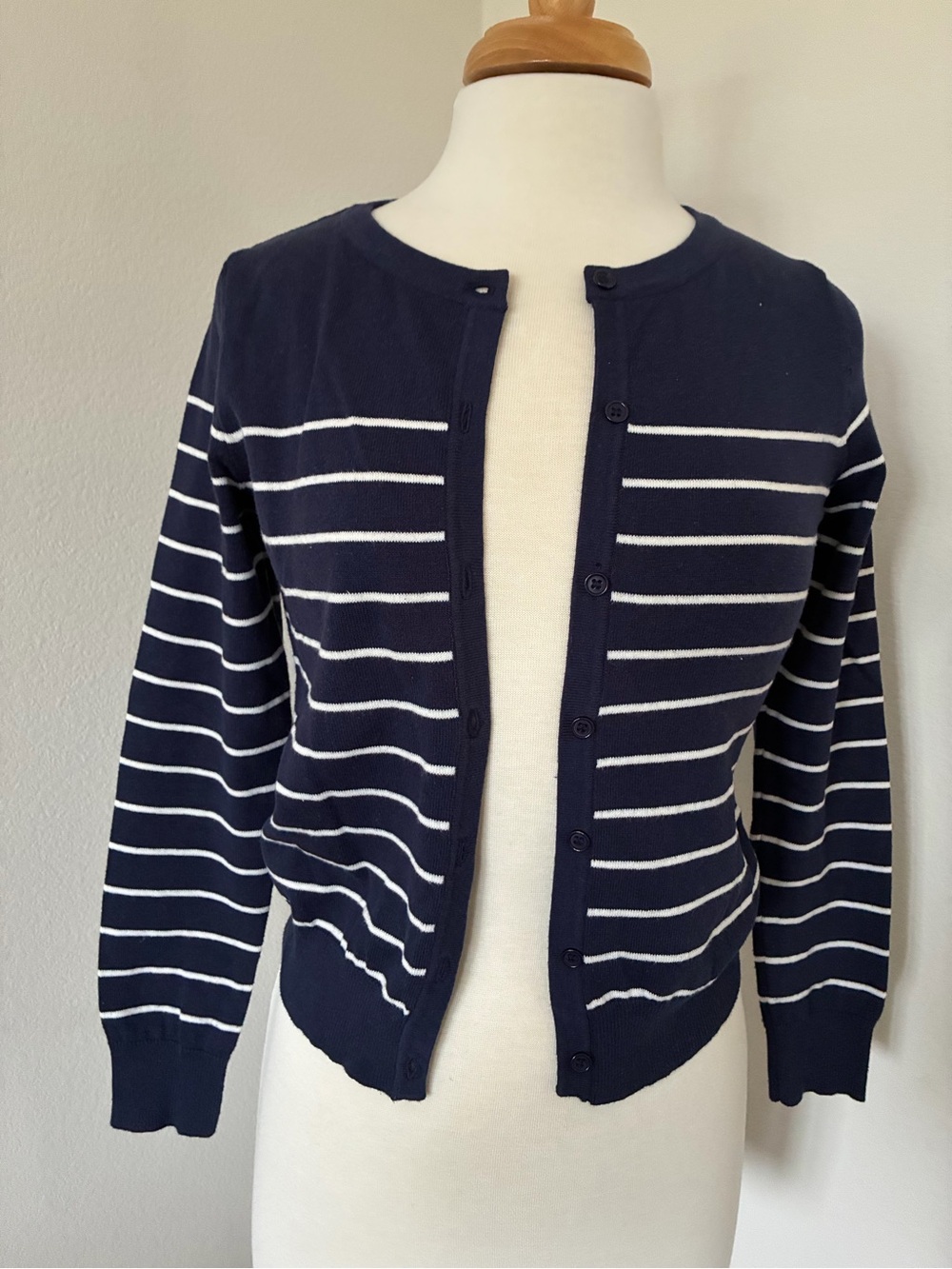 Striped Navy and White Crewneck Cardigan Sweater